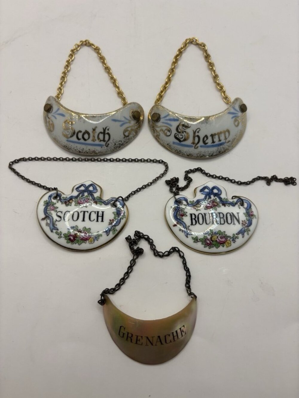 5 STAFFORDSHIRE ENGLAND SHERRY BOURBON SCOTCH DECANTER TAGS LIMOGES BONE SHELL